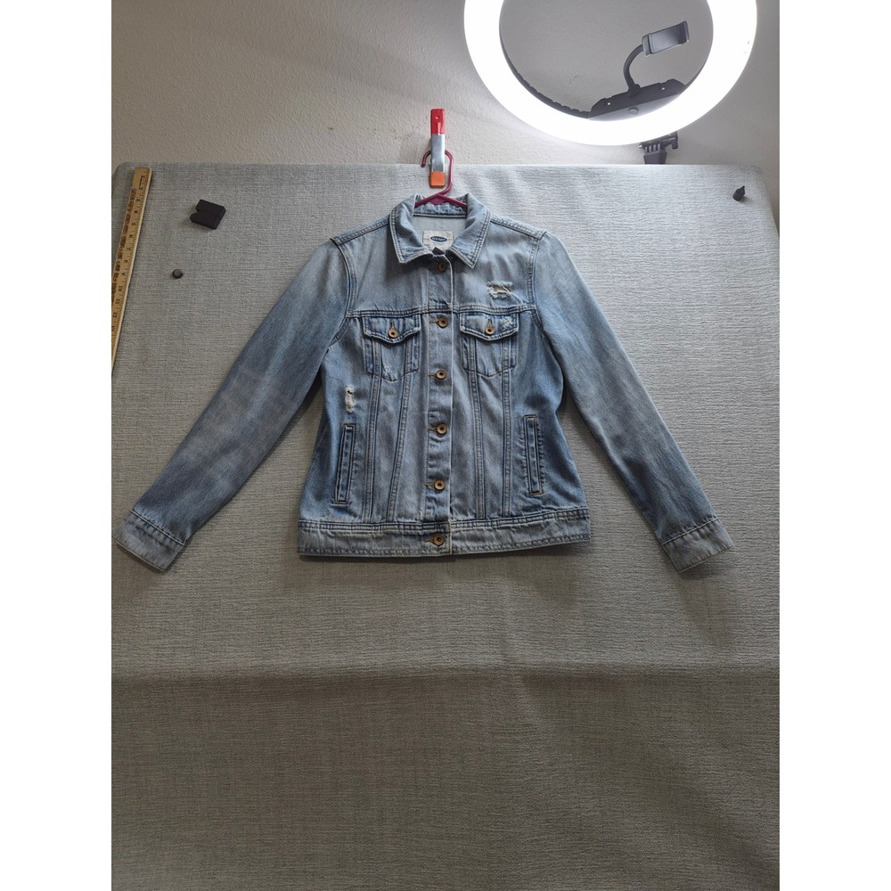 Old Navy Trucker Jacket Womens Medium Blue Cotton Distressed Casual Button Front